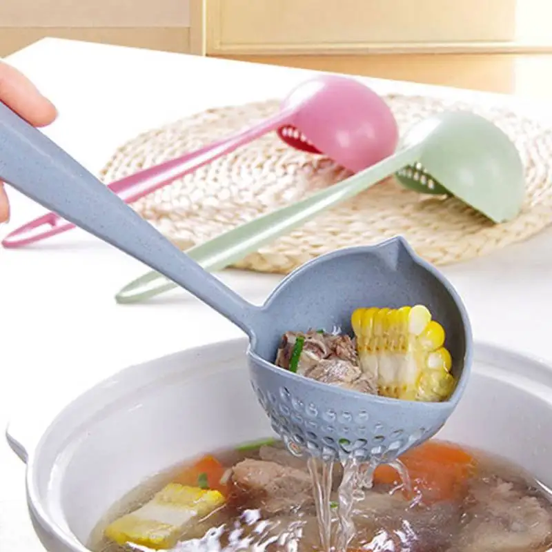 

Two In One Wheat Straw Soup Spoon Kitchen Handle Long Strainer Cooking Colander Kitchen Gadget Scoop Tableware Colander Tools