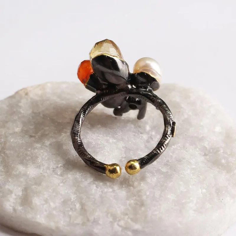 

Brown and Orange Zircon Pearl Gold Plated Womens Silver Ring, Woman 925 Silver Zircon Handmade Ring, MultiColor Oval Zircon