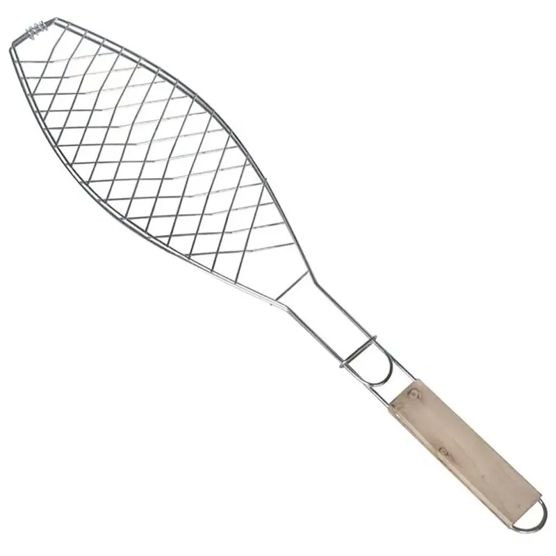 

There Non-Stick Fish Grill grid Metal Cooking Barbecue BBQ Home And Garden Cooking Seafood Wire Metal Wooden Handle