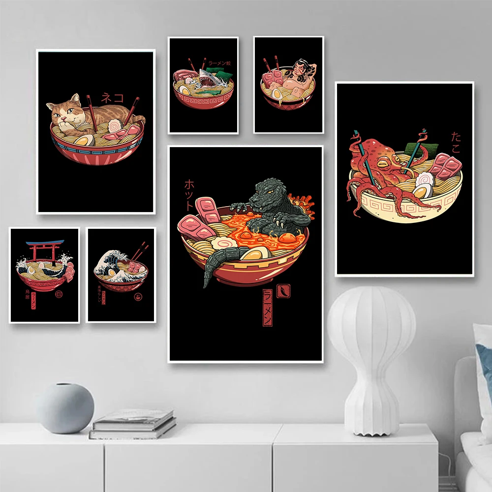 

Japanese Food Ramen Sushi Posters Prints Nostalgia Cat Shark Wave Octopus Canvas Paintings Cartoon Animal Kids Room Home Decor