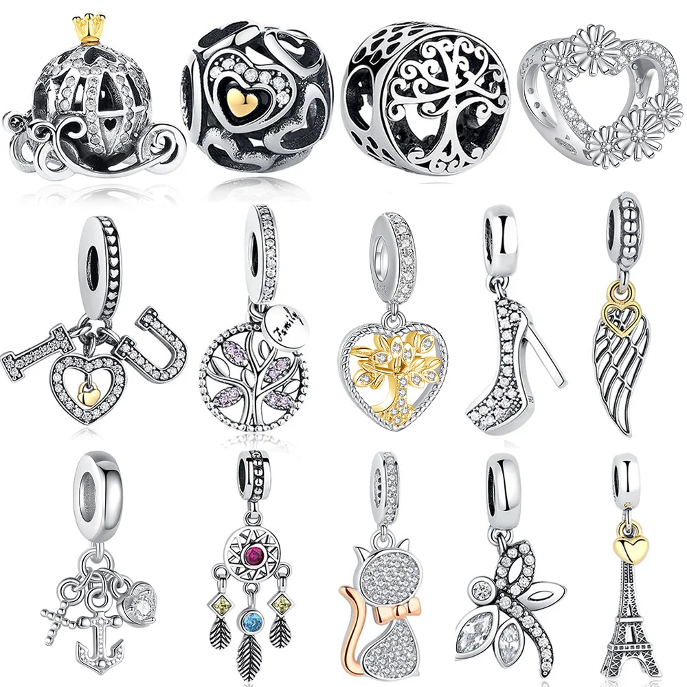 

ELESHE Silver Charm Fit Original Bracelet 925 Sterling Silver Beads Love Charm DIY Heart Flower Tower Tree Bead Jewelry Making