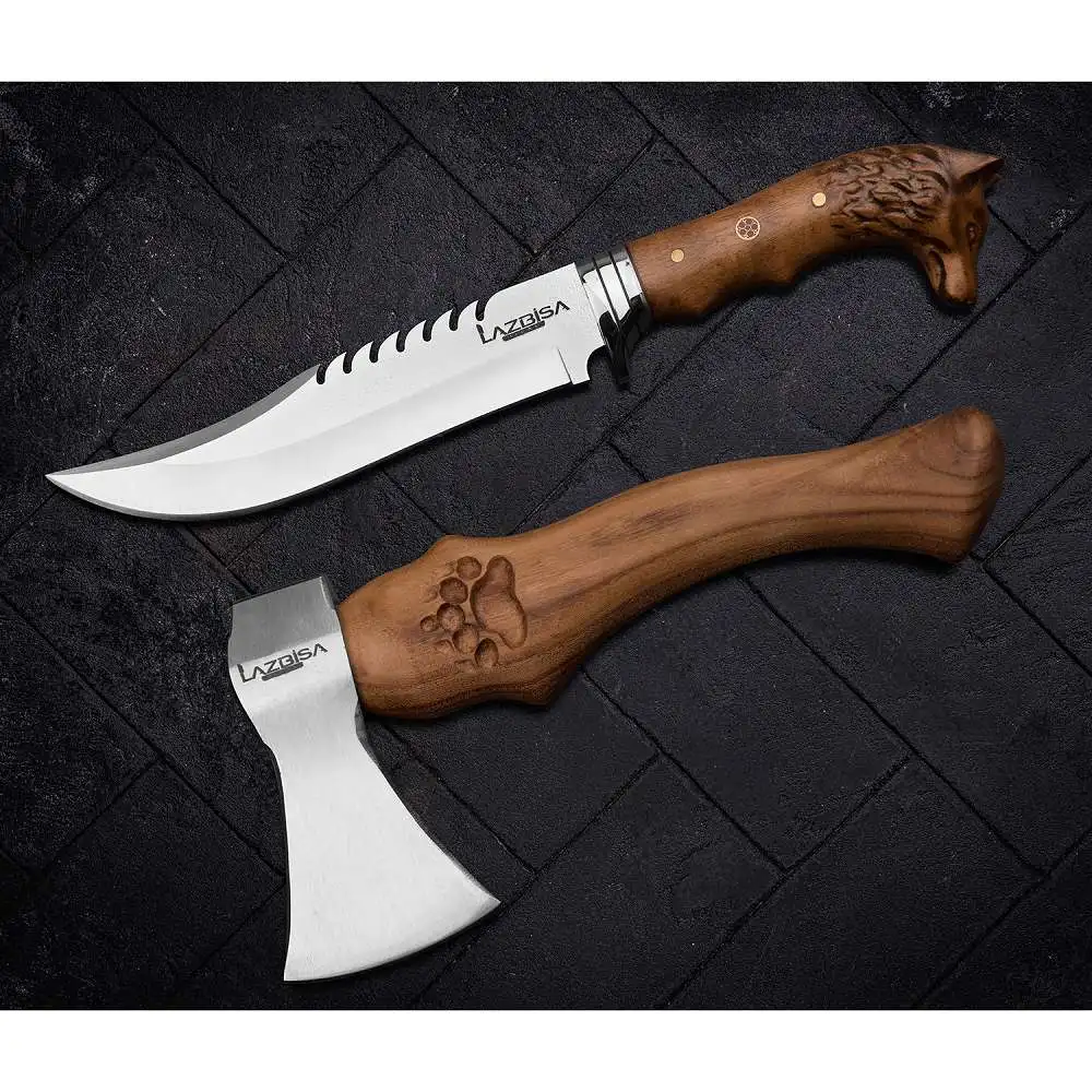 

Outdoor Ax Camping Knife Pruning Ax (26 Cm) Pocket Knife (33.5 Cm) Forged Steel (Set of 2) With Case Gift