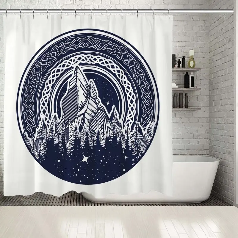 Занавеска для душа горы звезды и лес в кругу этнический орнамент Природа тема