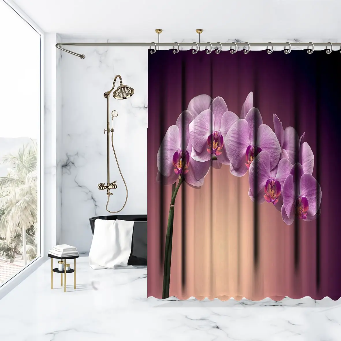 Занавеска для душа пурпурные орхидеи фиолетовые сиреневые свежие цветы цветение