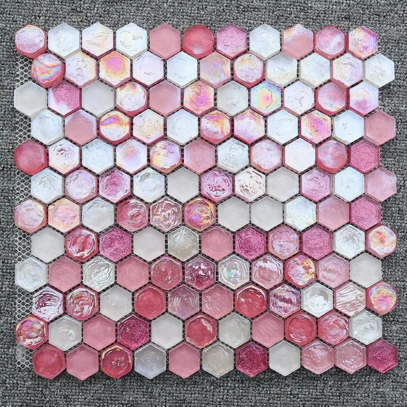 

Hexagon Sugar Pink Red Rainbow Stained Glass Mosaic Tile Backsplash CGMT1902A Crystal Glass Bathroom Kitchen Wall Tiles