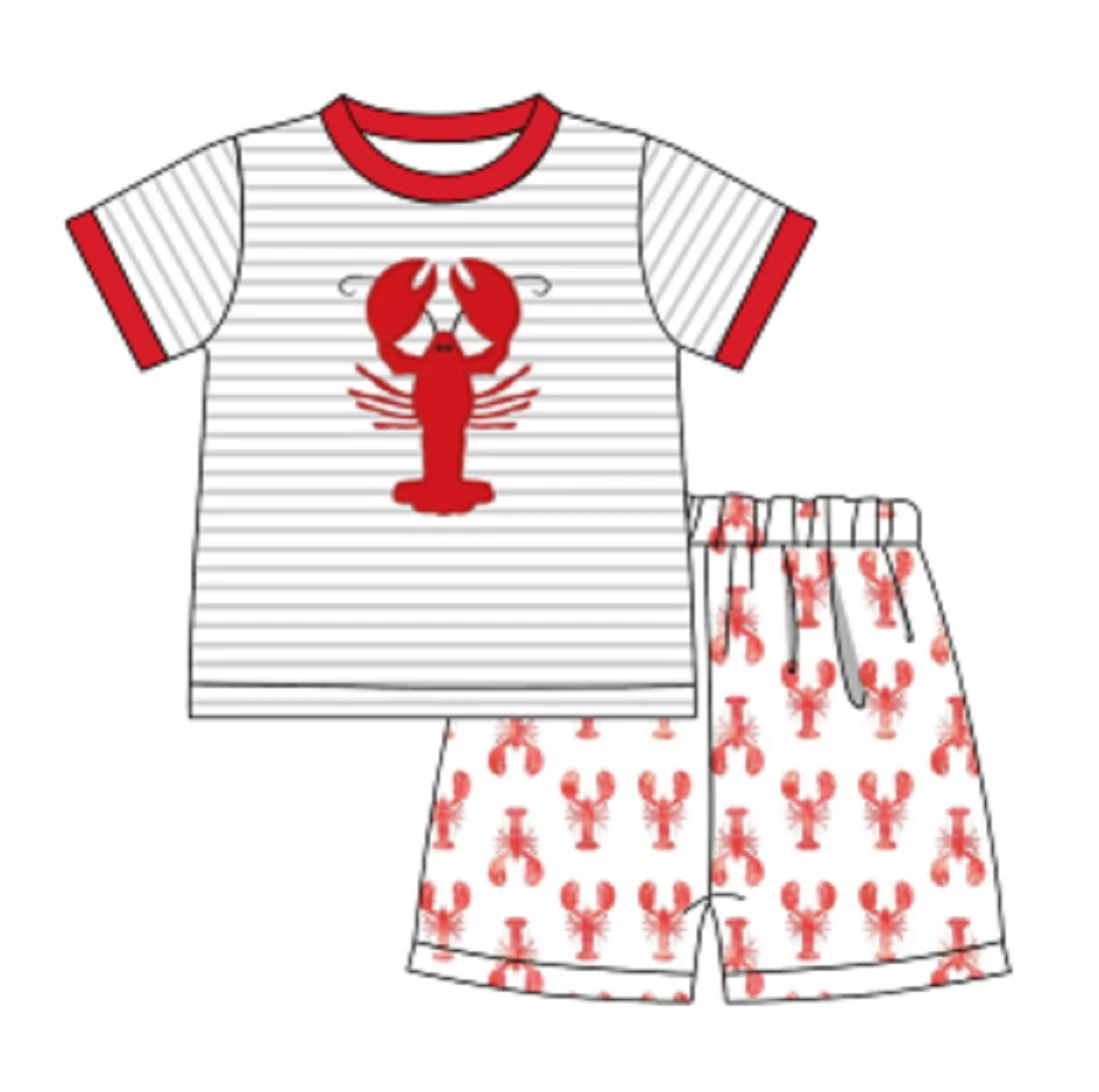 New Design Summer Outfits Clothes For Girls Cute Crayfish Red Embroidery T-Shirts + White Print Casual Sports Shorts For 2022