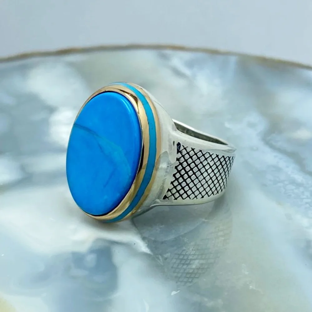 

925 Sterling Silver Turkish Handmade Jewelry Turquoise oval men's ring all sizes,gift for him