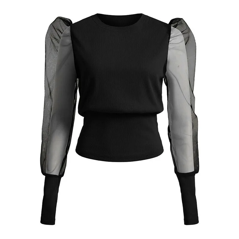 Женская сетчатая блузка с пышными рукавами повседневная облегающая длинным