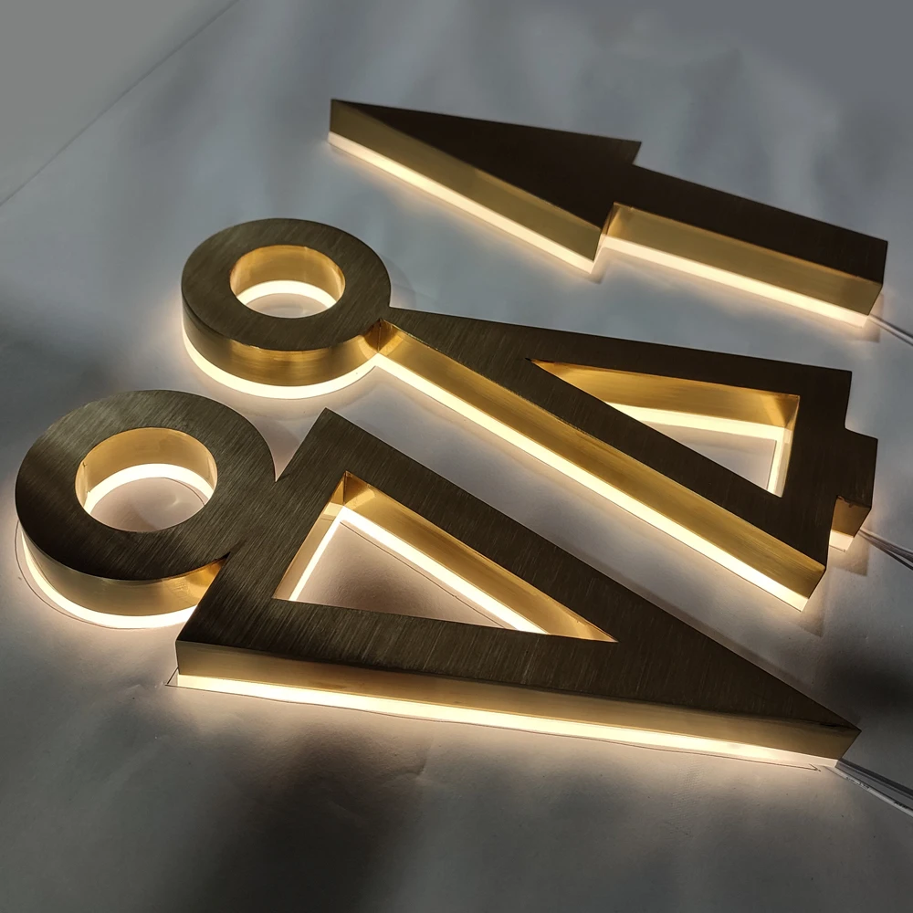extremely durable reverse light titanium golden washing room logo signage