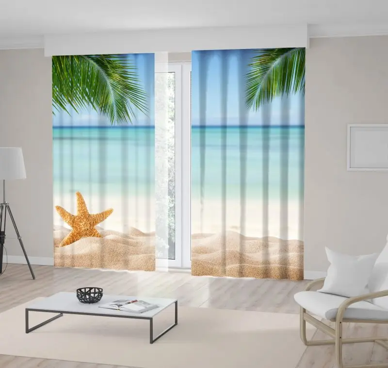 

Curtain Tropical Beach Palm Trees Sea Star in Sand Summer Relaxation Holiday Season Theme Green Beige