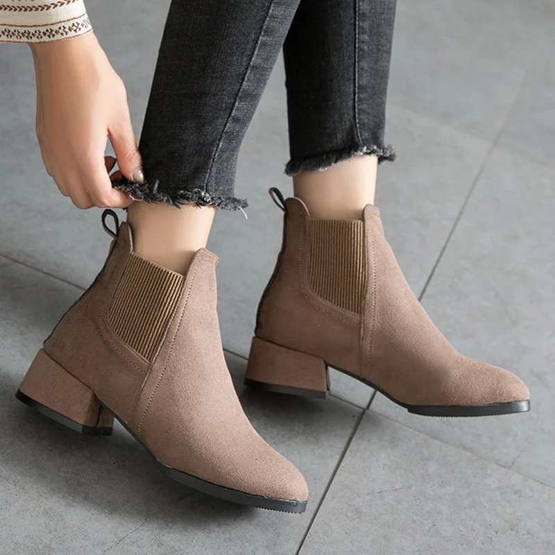 Autumn Winter Suede Ankle Boots Women Fashion Chelsea Boots Square Toe Thick Heel Short Boots Ladies Casual Shoes Size 35-41