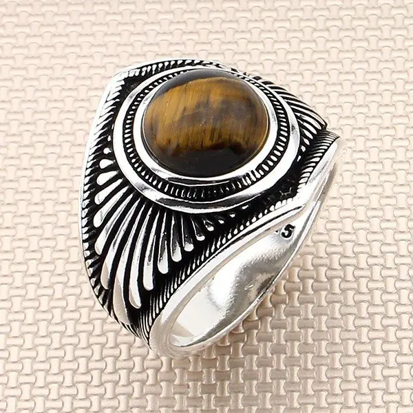 

Серебряное мужское кольцо с кромкозагибочный станок круглый коричневый тигровый глаз и глаз совы мотив сделано в Турции 925 пробы серебро