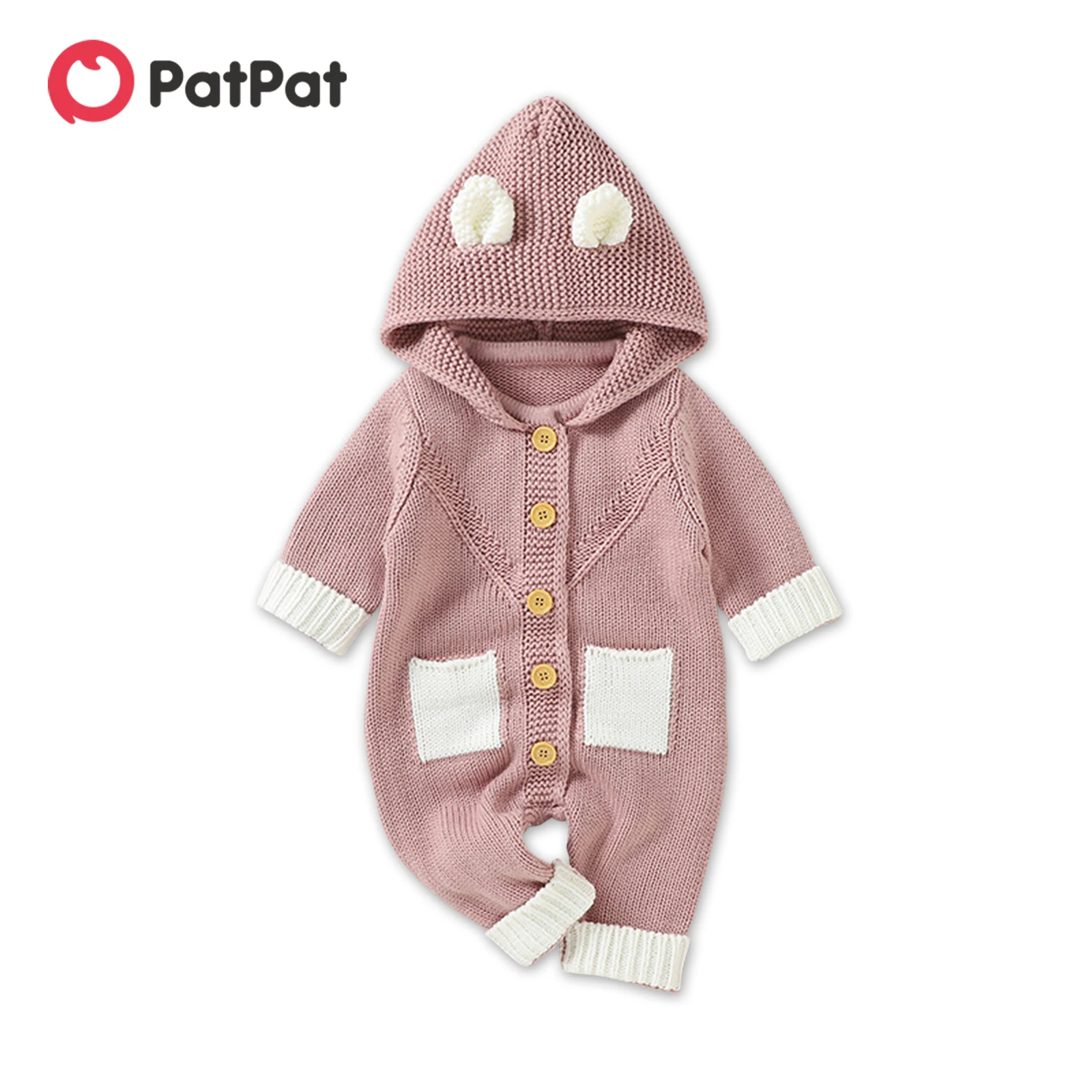 

PatPat Baby Solid Knitted Long-sleeve 3D Ears Hooded Jumpsuit