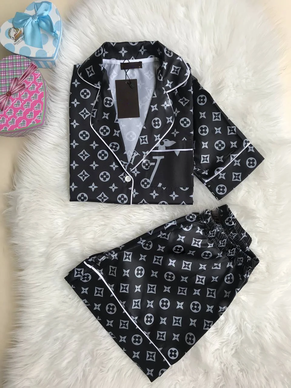 

Luxury Black Classic Satin Pajamas Set
