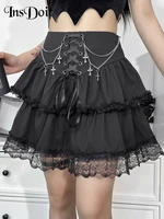 insdoit punk chain black summer skirt female gothic clothes fashion bandage high waist skirts streetwear lace sexy a line skirt