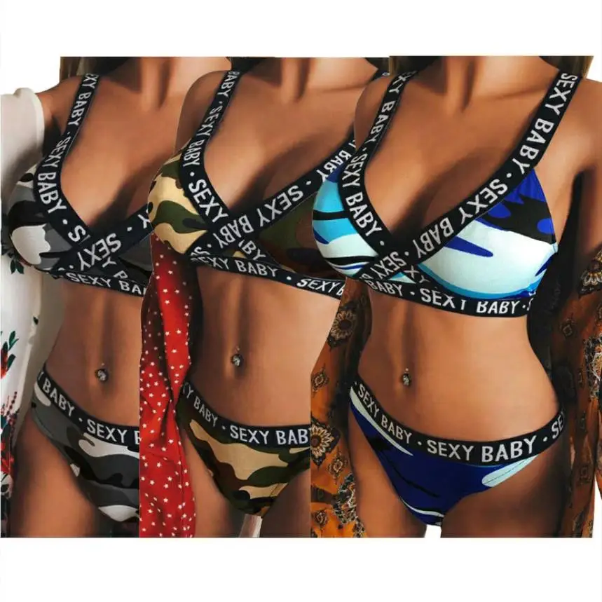 Модный Камуфляжный комплект бикини с принтом бюстгальтер пуш ап подкладкой