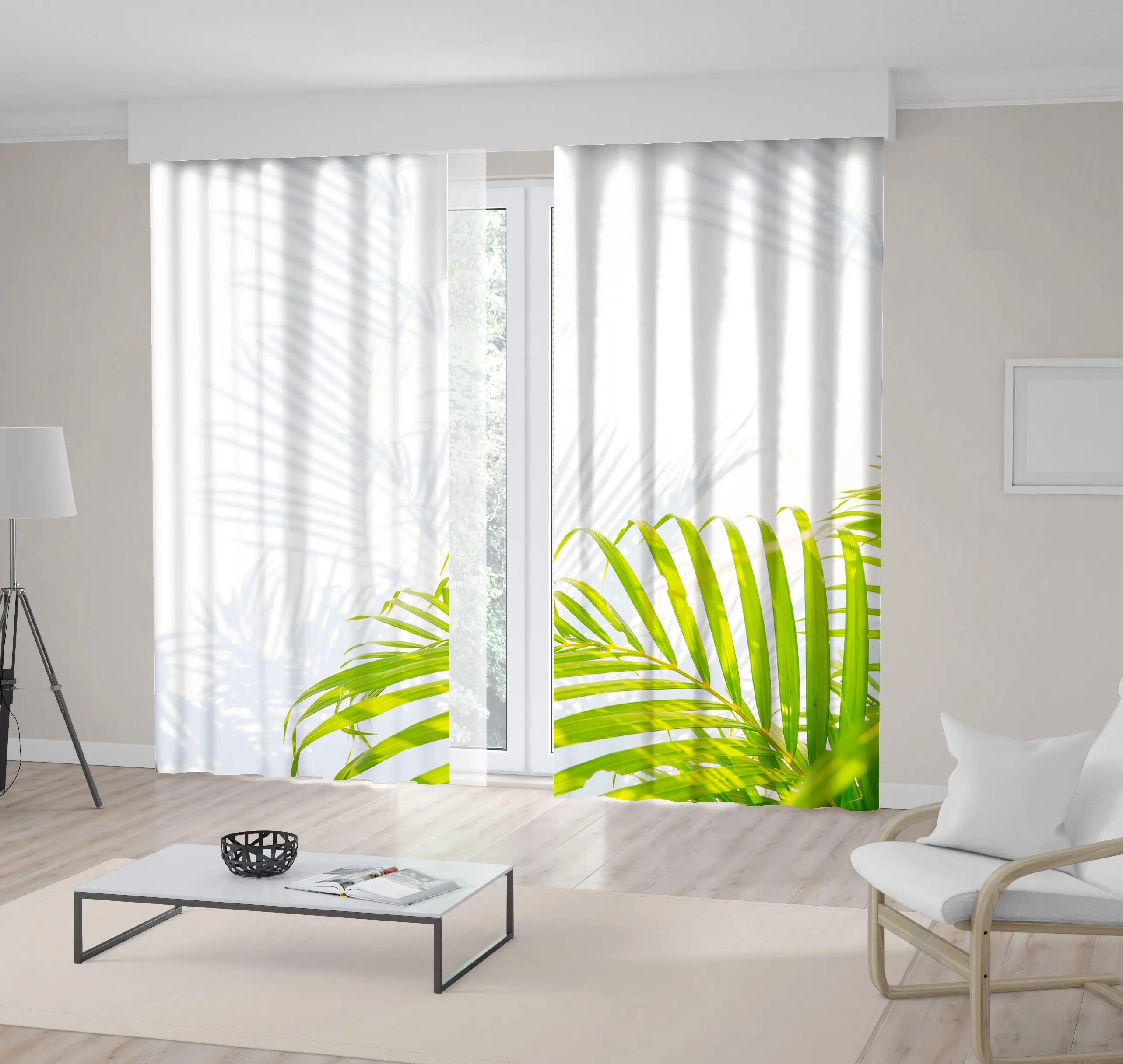 

Curtain Palm Leaves and Shadows on Wall Exotic Forest Nature Environment Summer Days Photo Green White