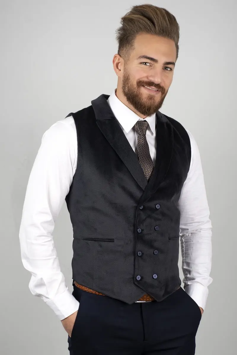 Мужской замшевый жилет DeepSEA Темно Синий Облегающий в итальянском стиле деловые