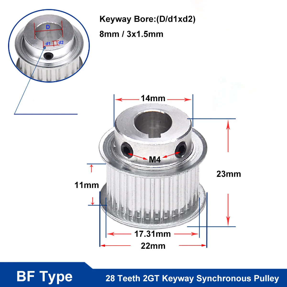 

28 Teeth 2GT BF Type Synchronous Timing Pulley Keyway Bore 8mm / 3x1.5mm Aluminium Idler Pulley For 10mm Width 2GT Timing Belt