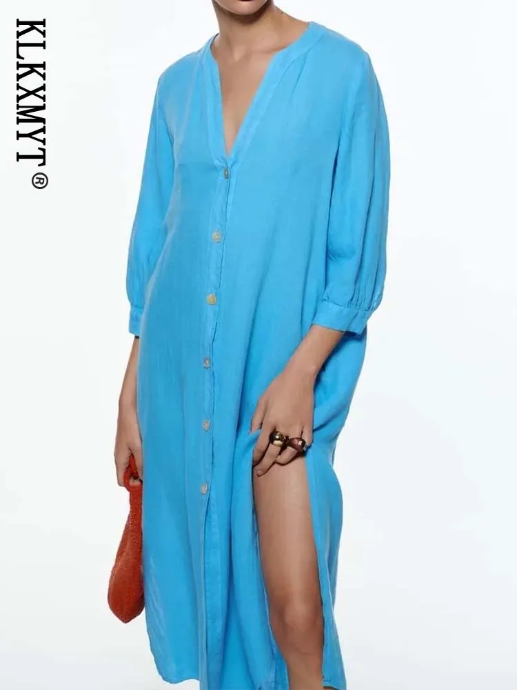 

Klkxmyt 2022 Summer Women Dress Button-up Elegant Party Midi Dresses Vintage 3/4 Sleeve Female Causal Loose Vestidos