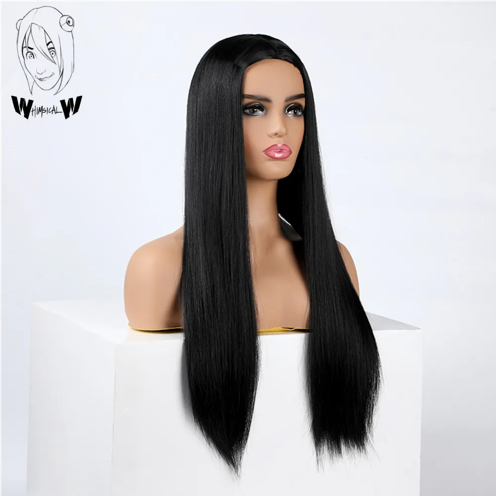 Чудесные W длинные прямые черные парики для женщин натуральные средние части