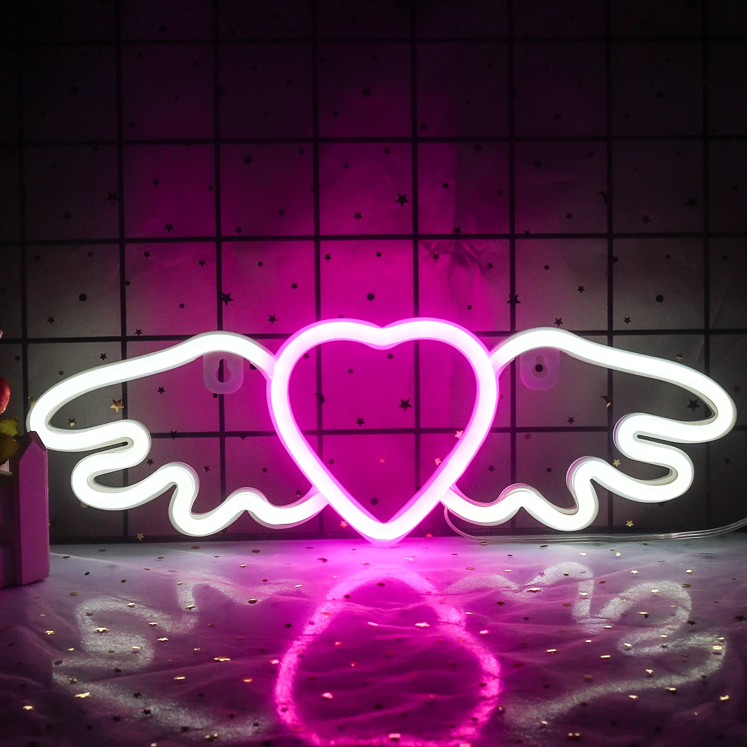 

WanxingNeon в форме сердца, Крылатый светодиодный настенный светильник, украшение с питанием от USB, для комнаты для девочек, украшение для свадебн...