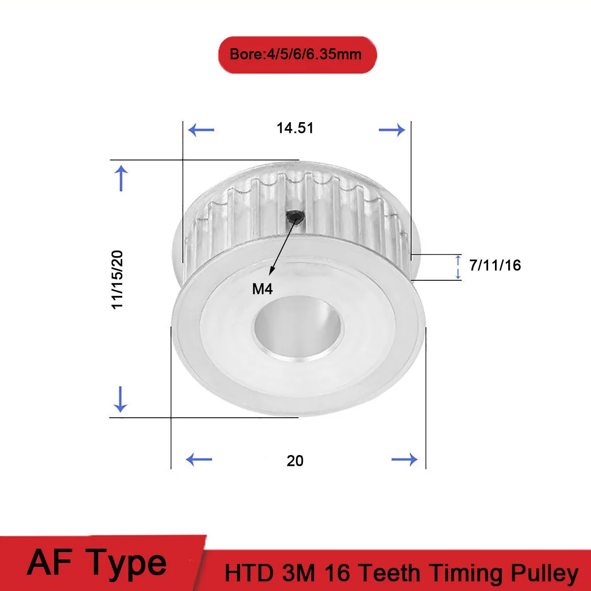 HTD 3M 16T Timing Pulley Bore 4/5/6/6.35mm Gear Pulley 3mm Pitch Teeth Width 7/11/16mm Aluminum Synchronous Timing Belt Pulleys