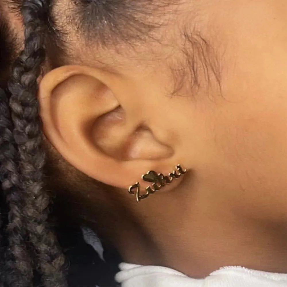 

VishowCo 1 Pair Personalized Name Earrings Stainless Steel Custom Gold with Heart Initial Nameplate Stud Earring For Girl Gifts