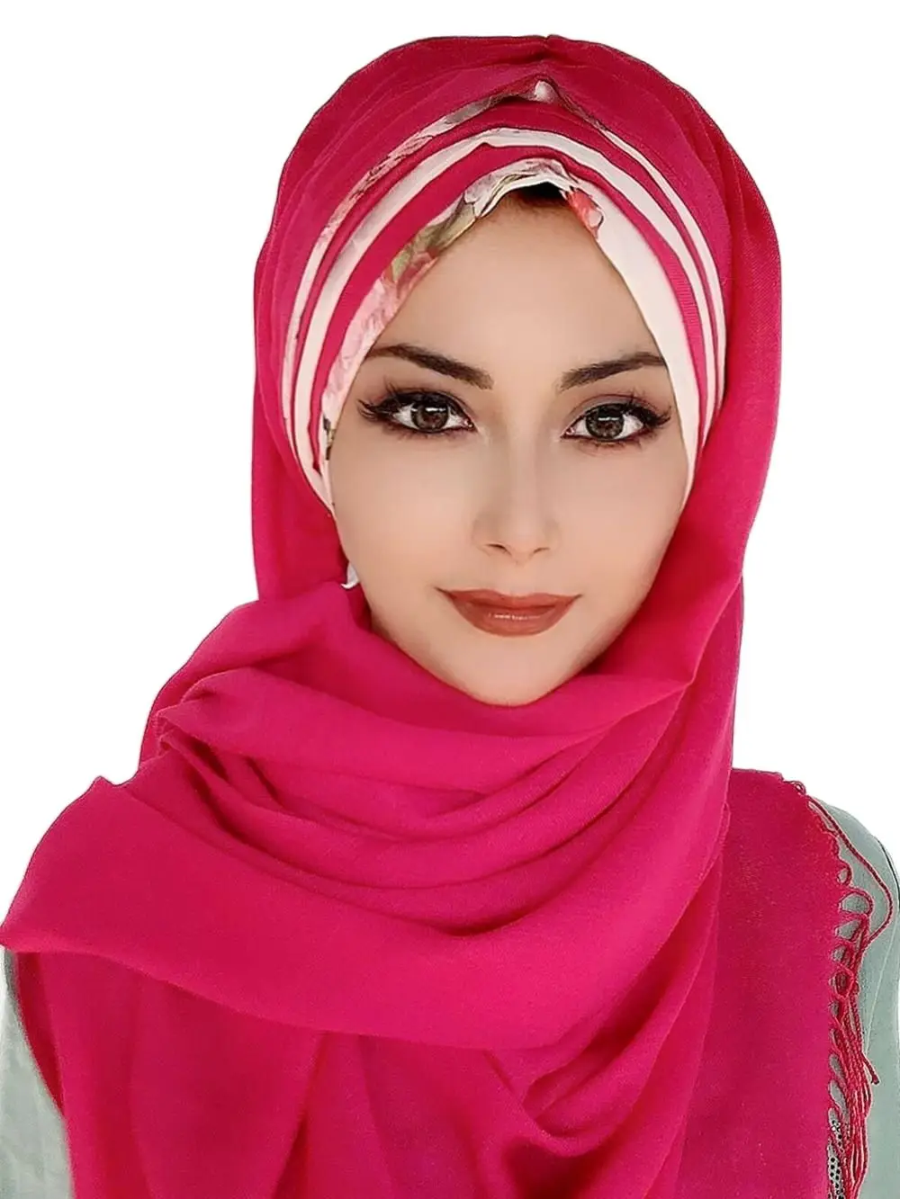 

Yeni Moda Hijab Kadın 2021 Müslüman Başörtüsü İslami Tesettür Türban Şapka Fular Eşarp Pembe Renk Beyaz Şifon Detaylı Hazır Şal