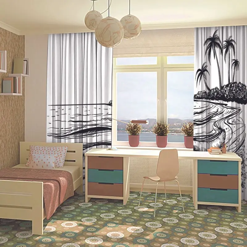 Занавеска с морскими волнами и пальмами вид на море иллюстрация черно-белый