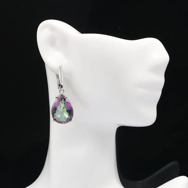 

35x13mm Deluxe Water Drop 18x13mm Fire Rainbow Mystic Topaz CZ Ladies Silver Pendant Earrings