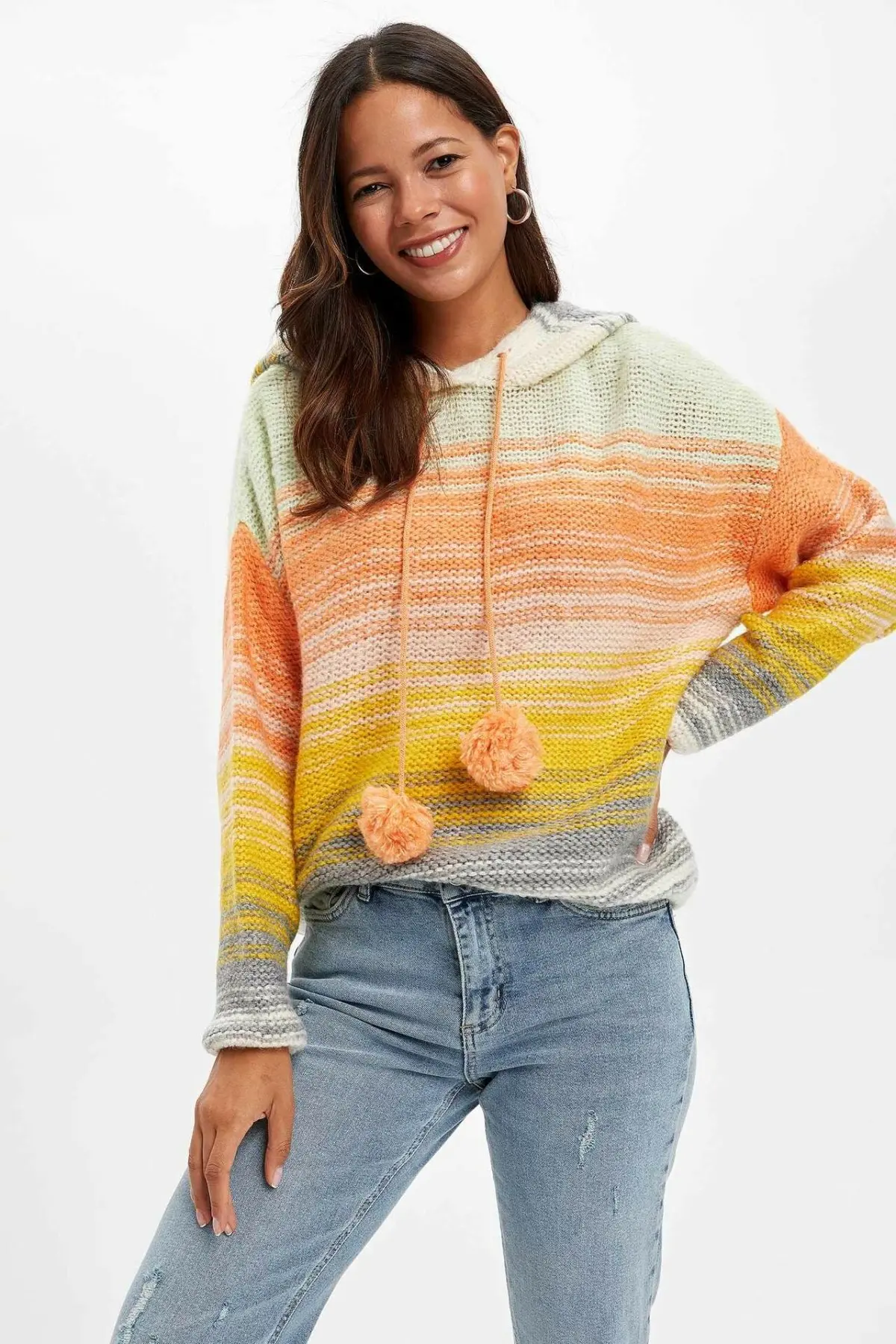 Дефакто Женский вязаный шарик толстовки Женская милая Радужная полосатая