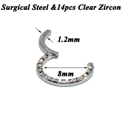 8mm Silver Clear 1 шт. G23 титановый/стальной шарнирный сегмент пирсинг для носовой перегородки Кристальное носовое кольцо ниппель кликер шпилька для уха серьги для губ пирсинг - Окраска металла: 8mm Silver Clear