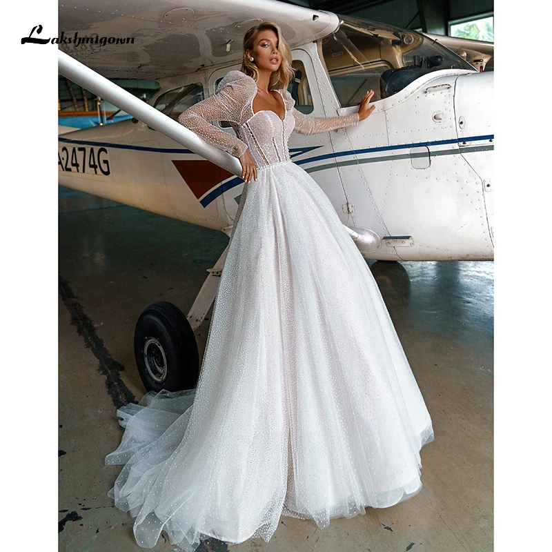 

Блестящие блестящие свадебные платья принцессы, платья невесты с длинным рукавом-фонариком, 2022, платье с вырезом сердечком на пуговицах, Тюлевое платье до пола с бисером