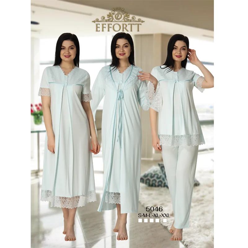 Enlarge Women's Nightgown, Dressing Gown and Pajamas Set Turkish Cotton Production Lacy Pregnant Comfortable Clothes Soft Fabric