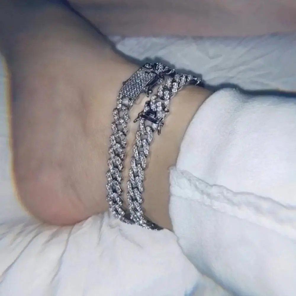 Браслет на ногу женский из кубинской цепи с кристаллами ювелирное украшение в