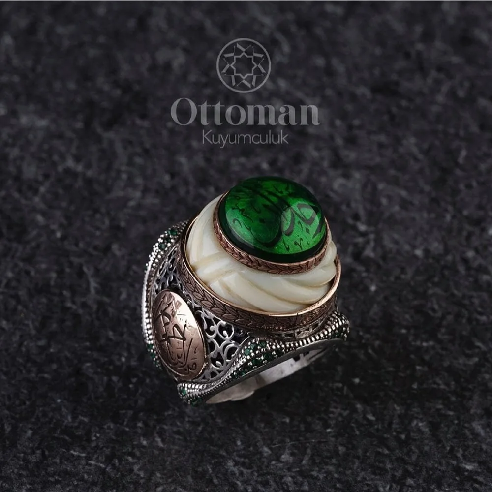 Turban model The Art of Original Design and Craftsmanship Silver Men's Ring Hand Carved from Katalin Stone Turban Green Amber Ca