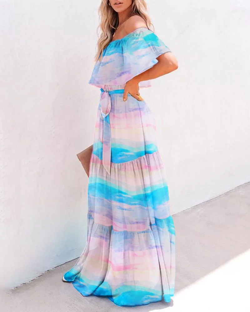 

Slim Ruffles Printing Gradient Dresses Women Sexy The Off Shoulder Bohemian Dress Fashion Lady Slash Neck Strapless Party Dress