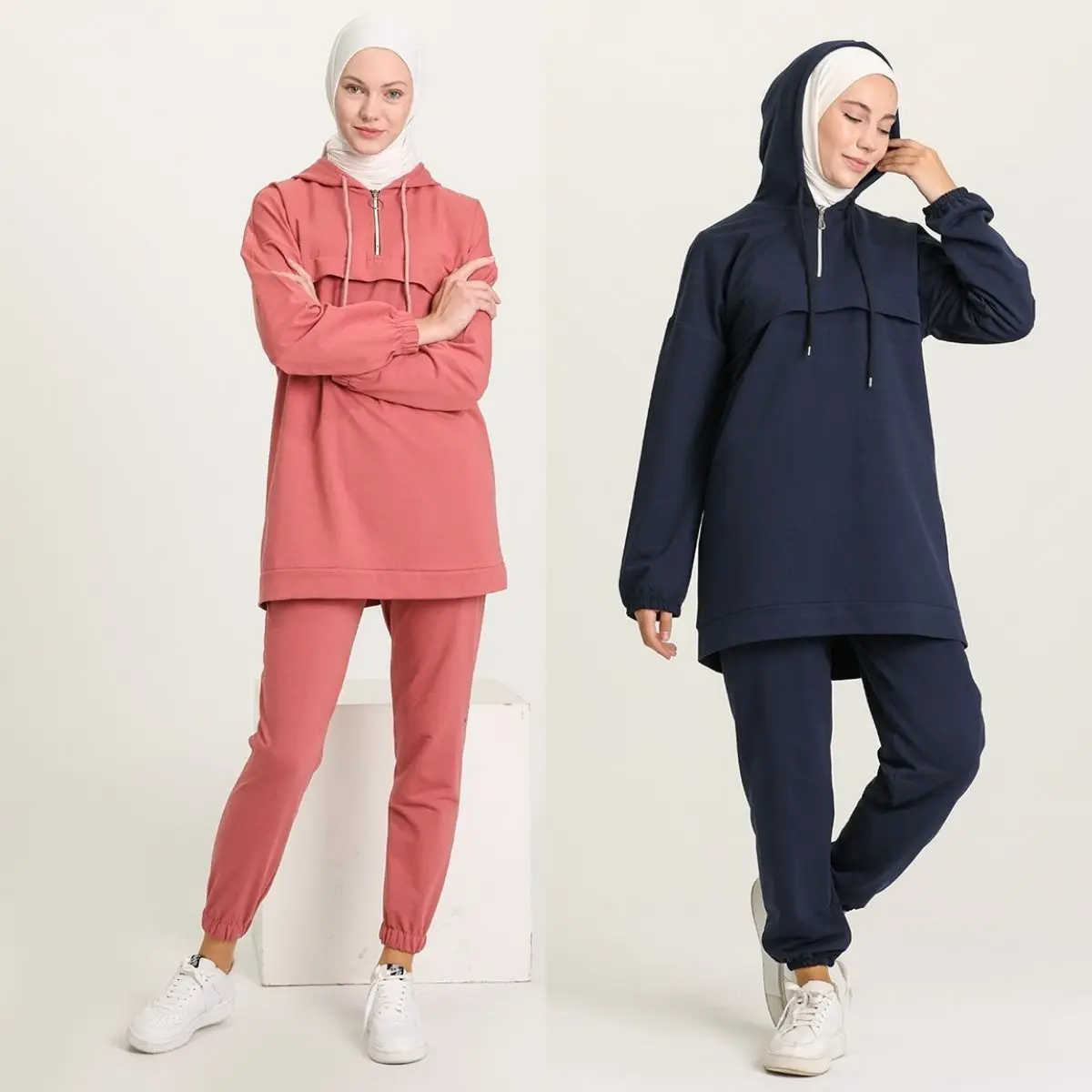 Front Half Zipper Tracksuit Set Pockets Long Sleeve Hooded Elastic Waist Sweatpants Seasonal Winter Women  Muslim  Hijab Turkey