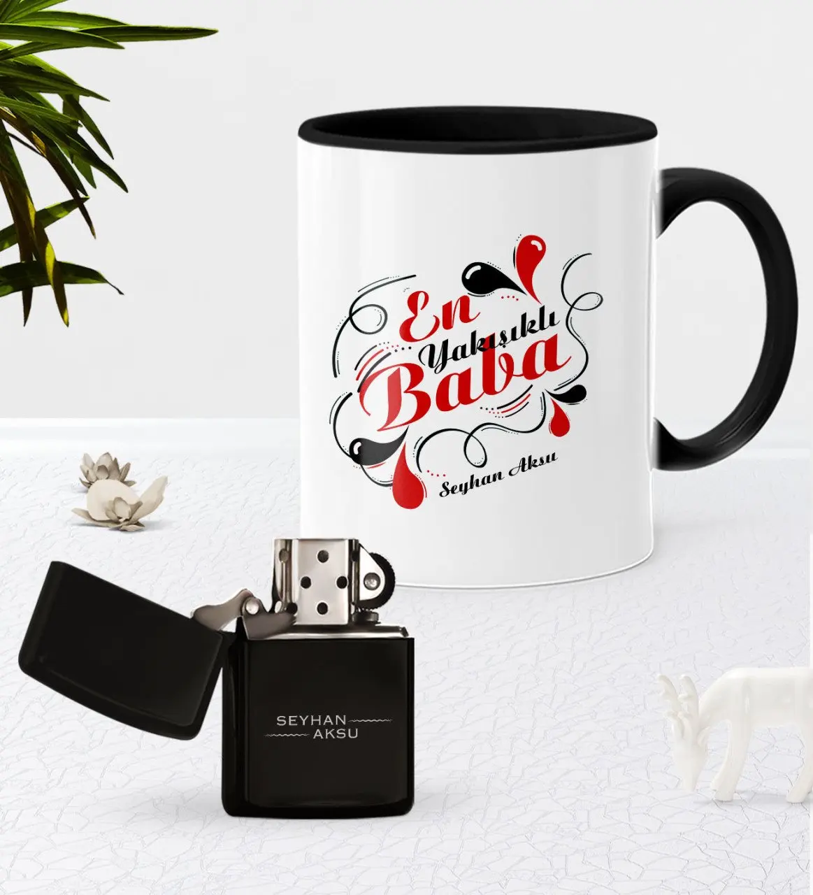 

Personalized Top Handsome Dad Black Mug Cup Gasoline Lighter Set