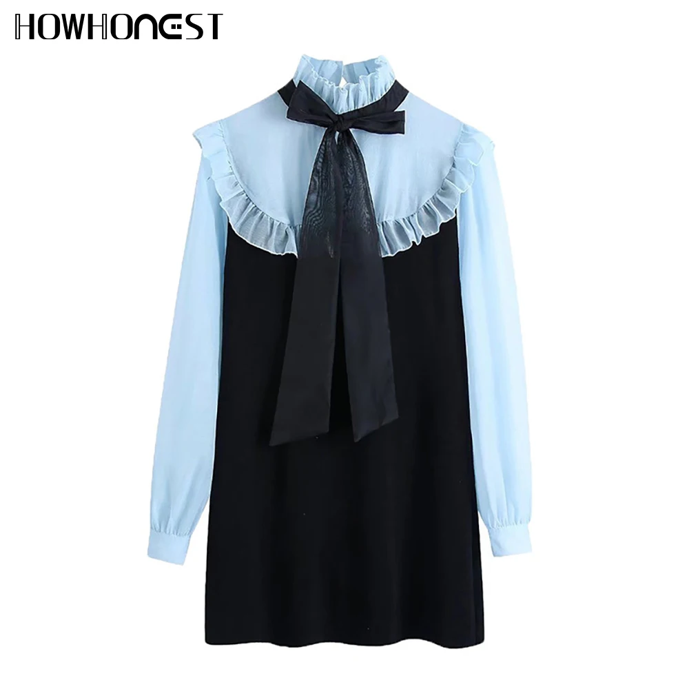 

Dresses For Women Fashion Patchwork Knit Semi-Sheer Mini Dress Vintage Long Sleeve Ruffled Female Vestidos Mujer Robes Femme TRA