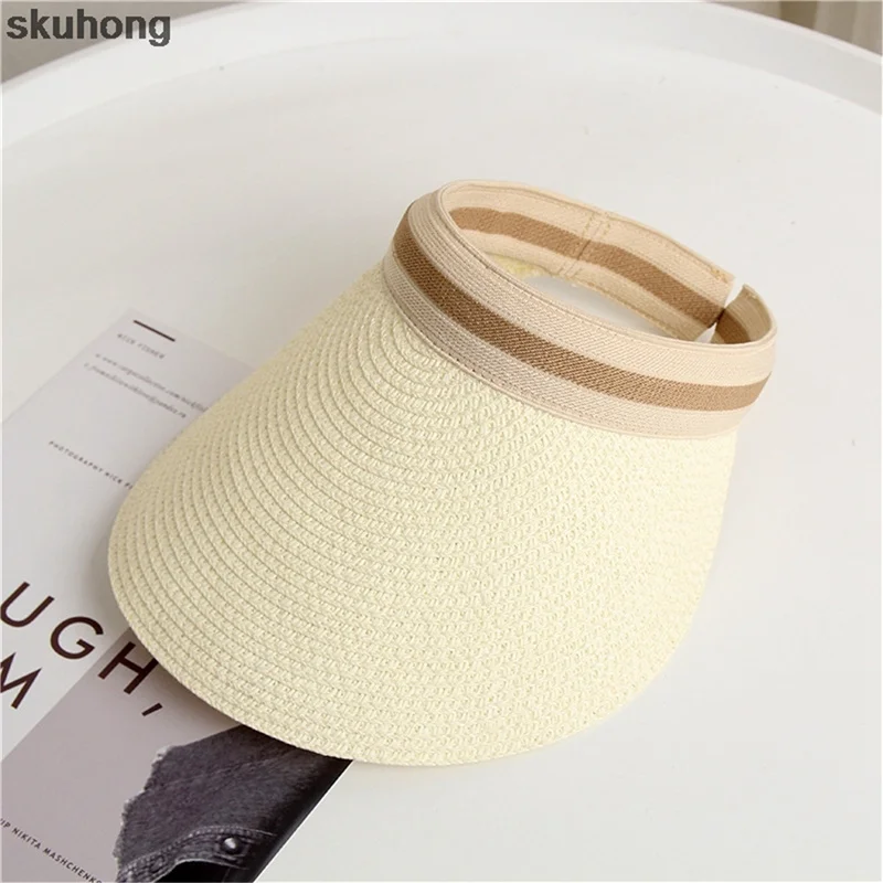 Online Kadın Güneş şapkaları El Yapımı Hasır Vizör Kep Ebeveyn çocuk Yaz Açık Spor Balıkçılık Plaj şapkası Sihirli Bant Hasır şapka Boş üst