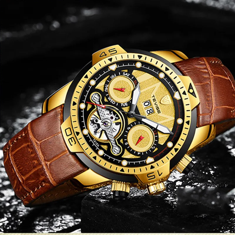 TEVISE 2021 New Men's Self-Wind Tourbillon Mechanical Watches Waterproof Leather Automatic Skeleton Watch Sports Clock Male