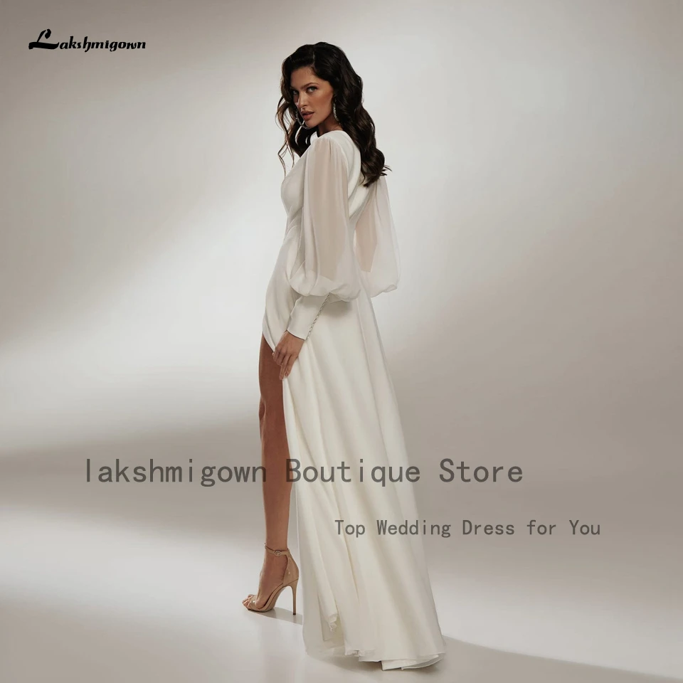 Lakshmigown Simple Bridal Wedding Reception Dress 2022 Robe Mariage Puffy Chiffon Long Sleeve Boho Wedding Gowns High Side Split simple wedding dresses