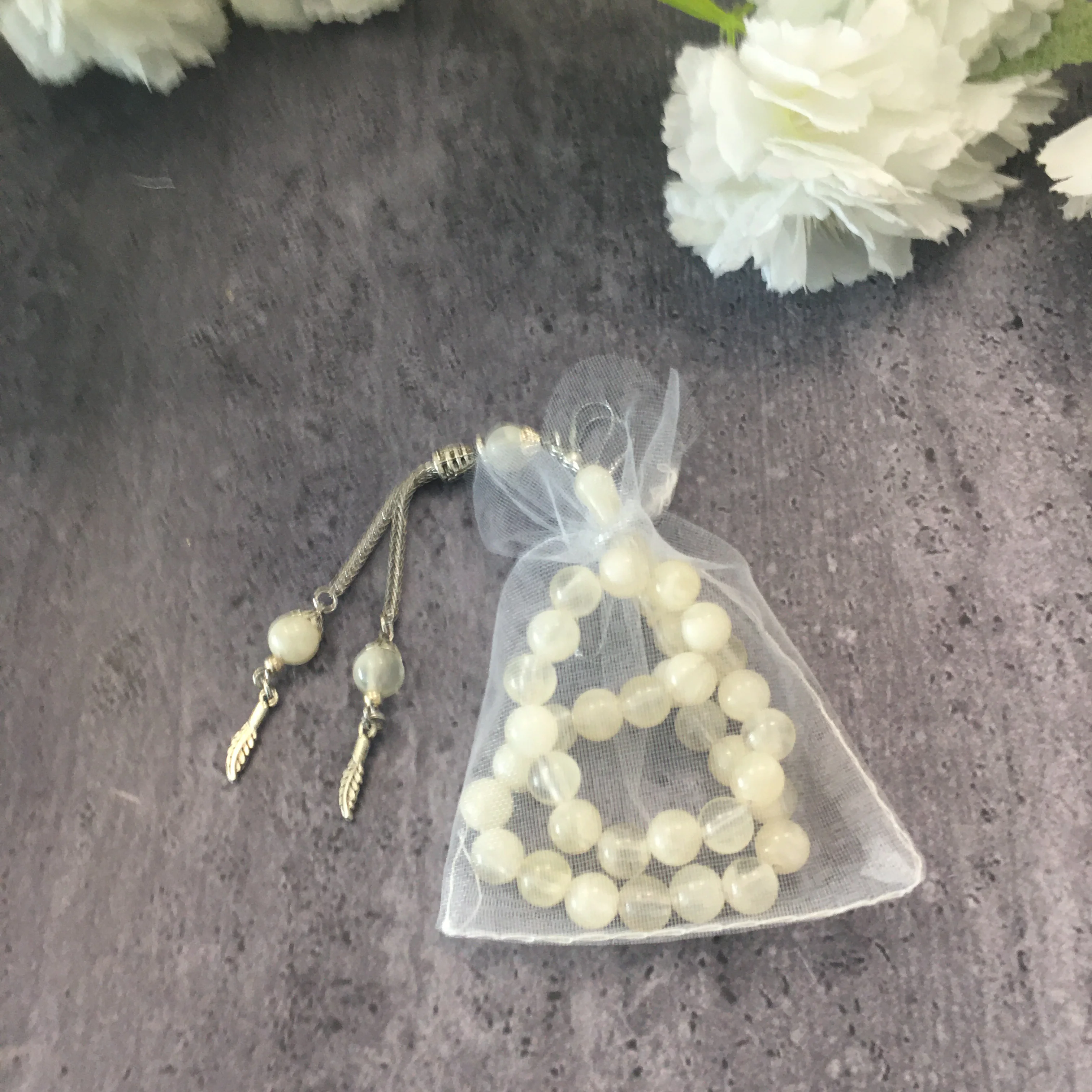 Затягивание янтарного исламского молитвы 33 бусины Четки Tasbeeh tasbih misbaha белый