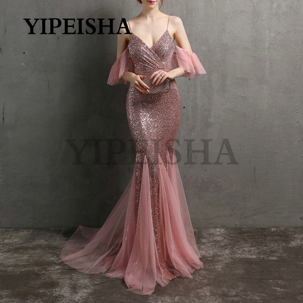 

Glittery V-Neck Mermaid Formal Evening Dresses Backless Spaghetti Strap Sequined Prom Party Gown robe de soirée femme vestidos