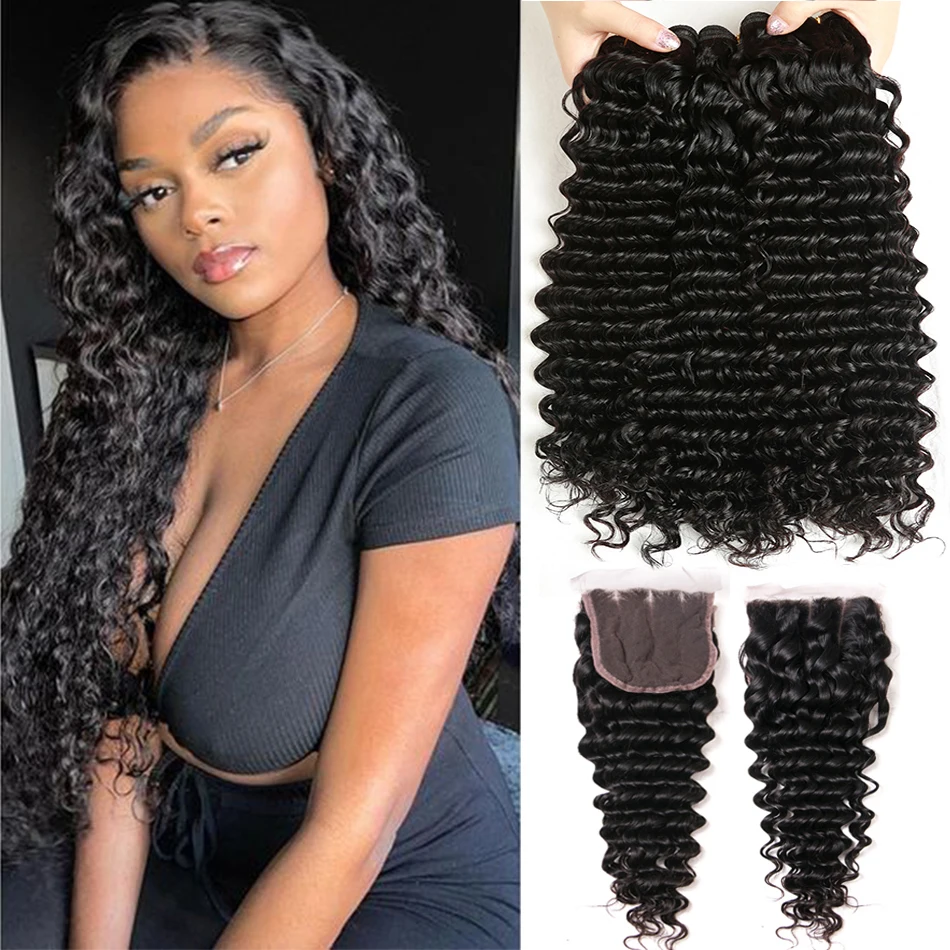 

12A Beauty Deep Wave Bundles With Closure Peruvian Remy Human Hair Weaves Water Curly and 4X4 HD Lace Closure Frontal Extensions