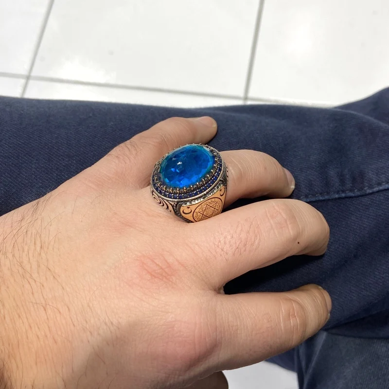 Safir Mavi Topaz Taş Süleyman Mührü Davut yildızi Gümüş Yüzük | Украшения и аксессуары