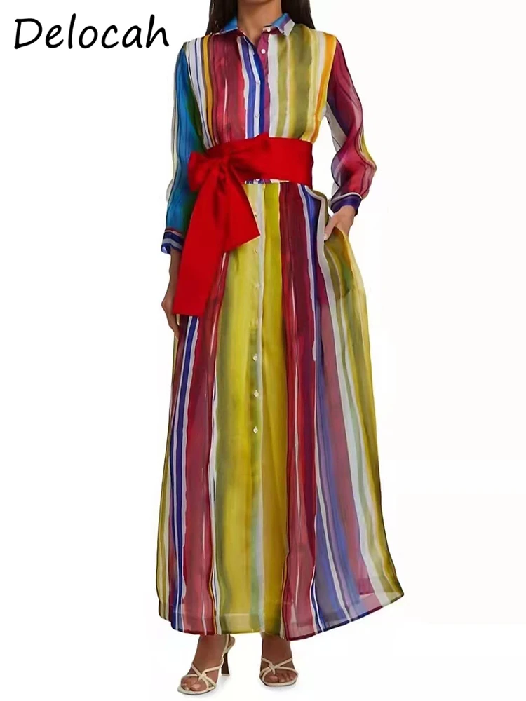 

Delocah 2022 весеннее женское модное дизайнерское длинное платье с рукавами-фонариками и бантом, полосатые рубашки с принтом, стильные женские п...