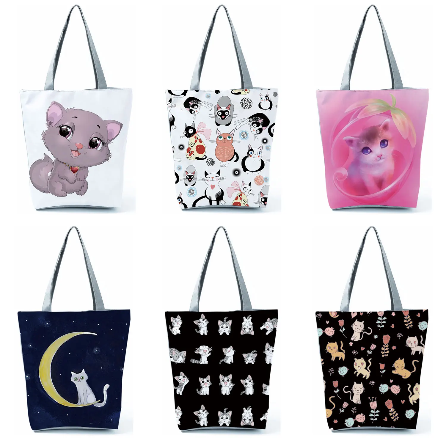 

Cartoon Cute Cat Handbags Casual Eco Reusable Shopping Bags Female Black Large Capacity Tote Animal Graphic Women Shoulder Bag